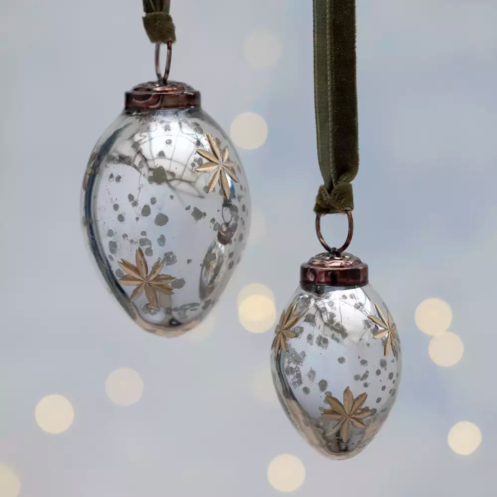 Oval Bauble with Gold Etched Stars Antique Silver