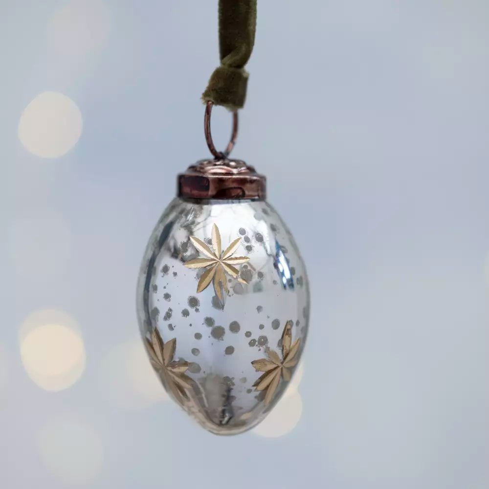 Oval Bauble with Gold Etched Stars Antique Silver