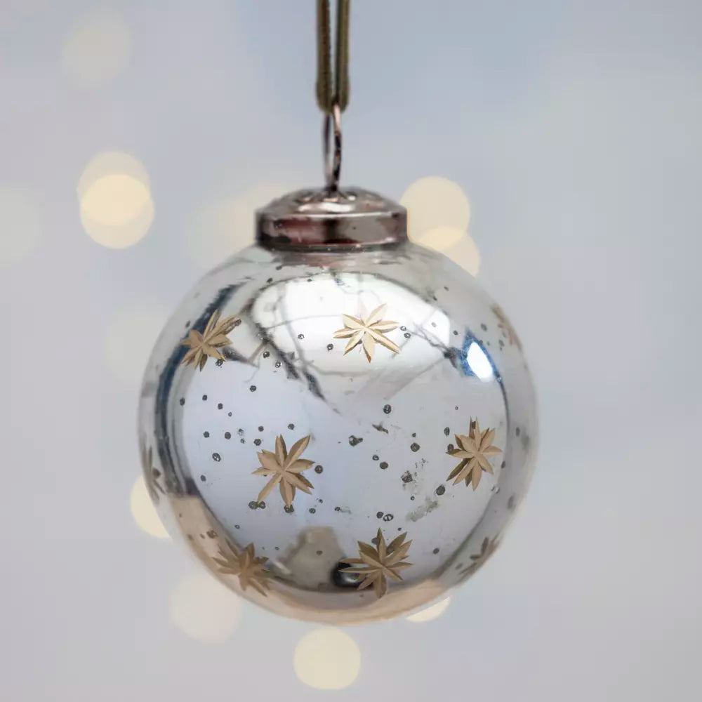 Round Bauble with Gold Etched Stars Antique Silver