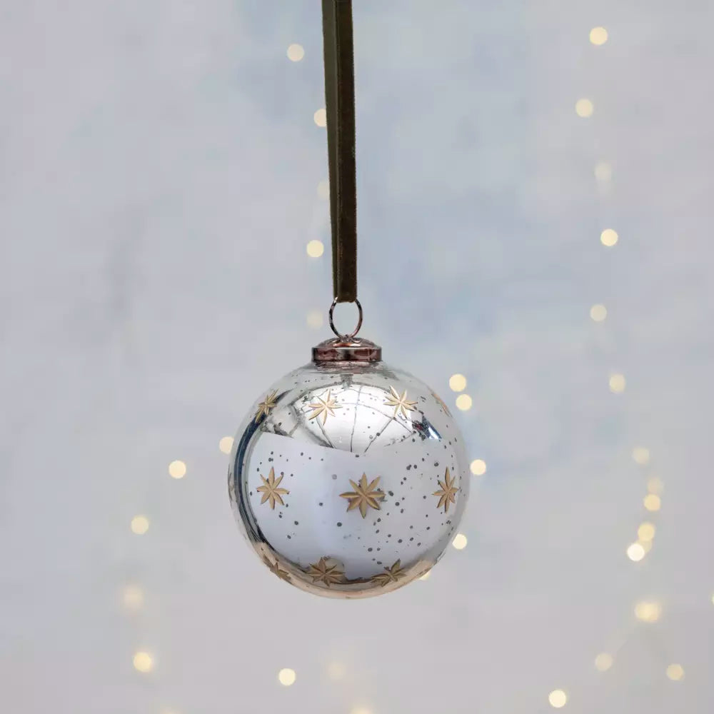 Round Bauble with Gold Etched Stars Antique Silver