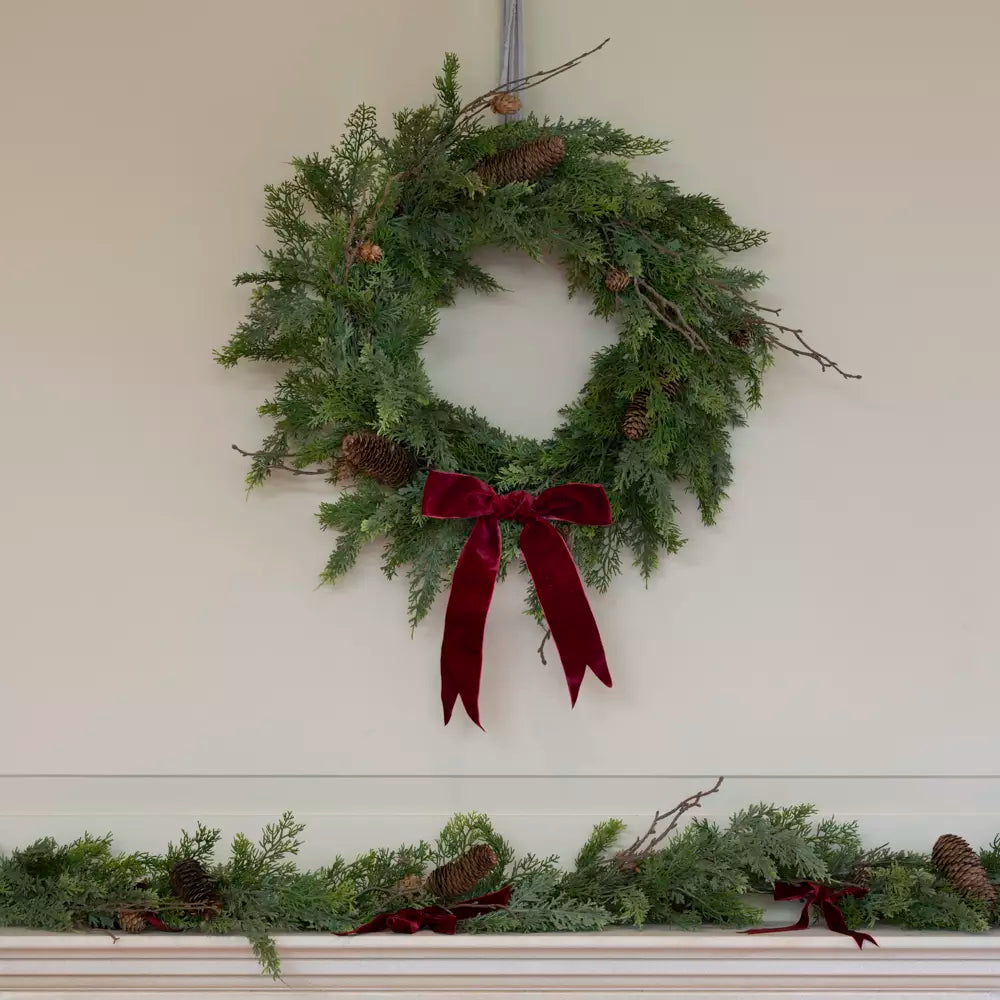 Foliage & Fircone Wreath with Velvet Ribbon